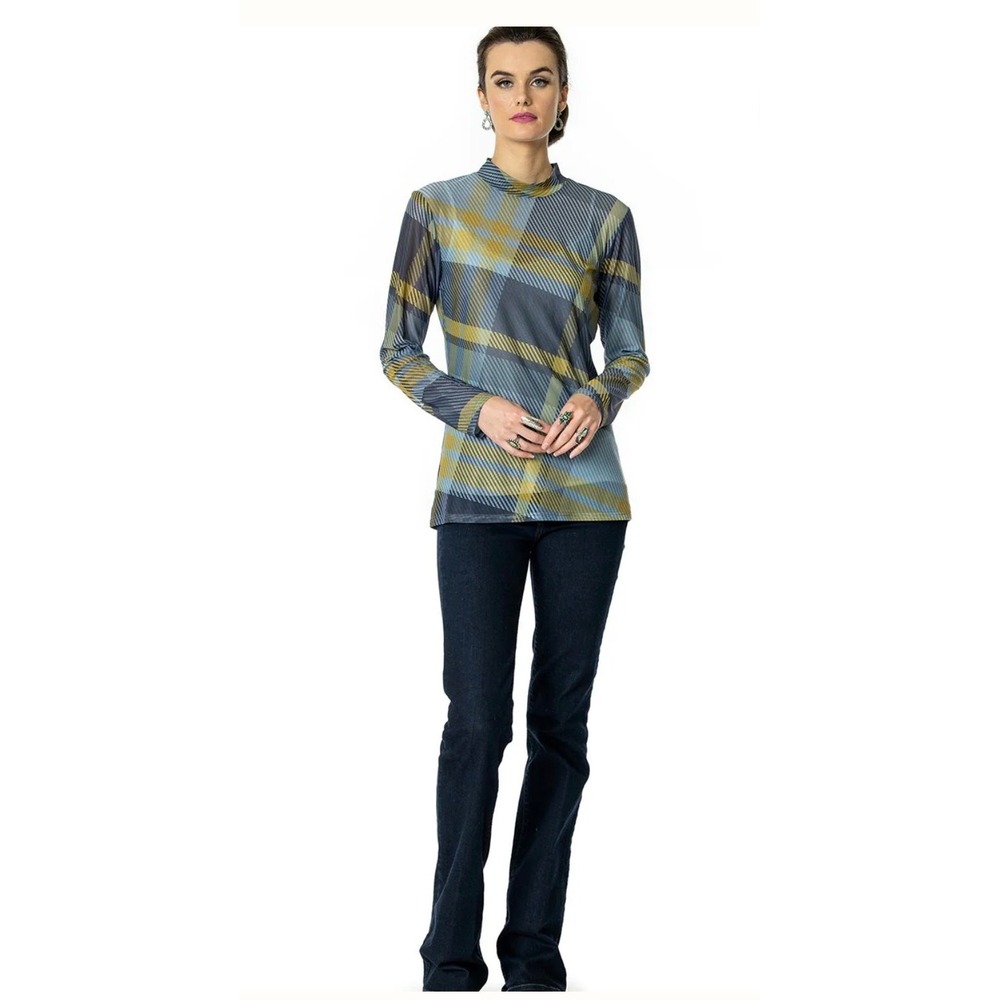 DOUBLE D RANCH Plaid Mesh‎ Mock Neck Top Size XL Blue Yellow Quiet Luxury Casual